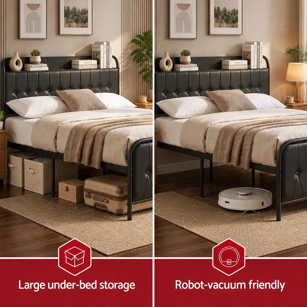 King Bed Frame with Charging Station and Storage