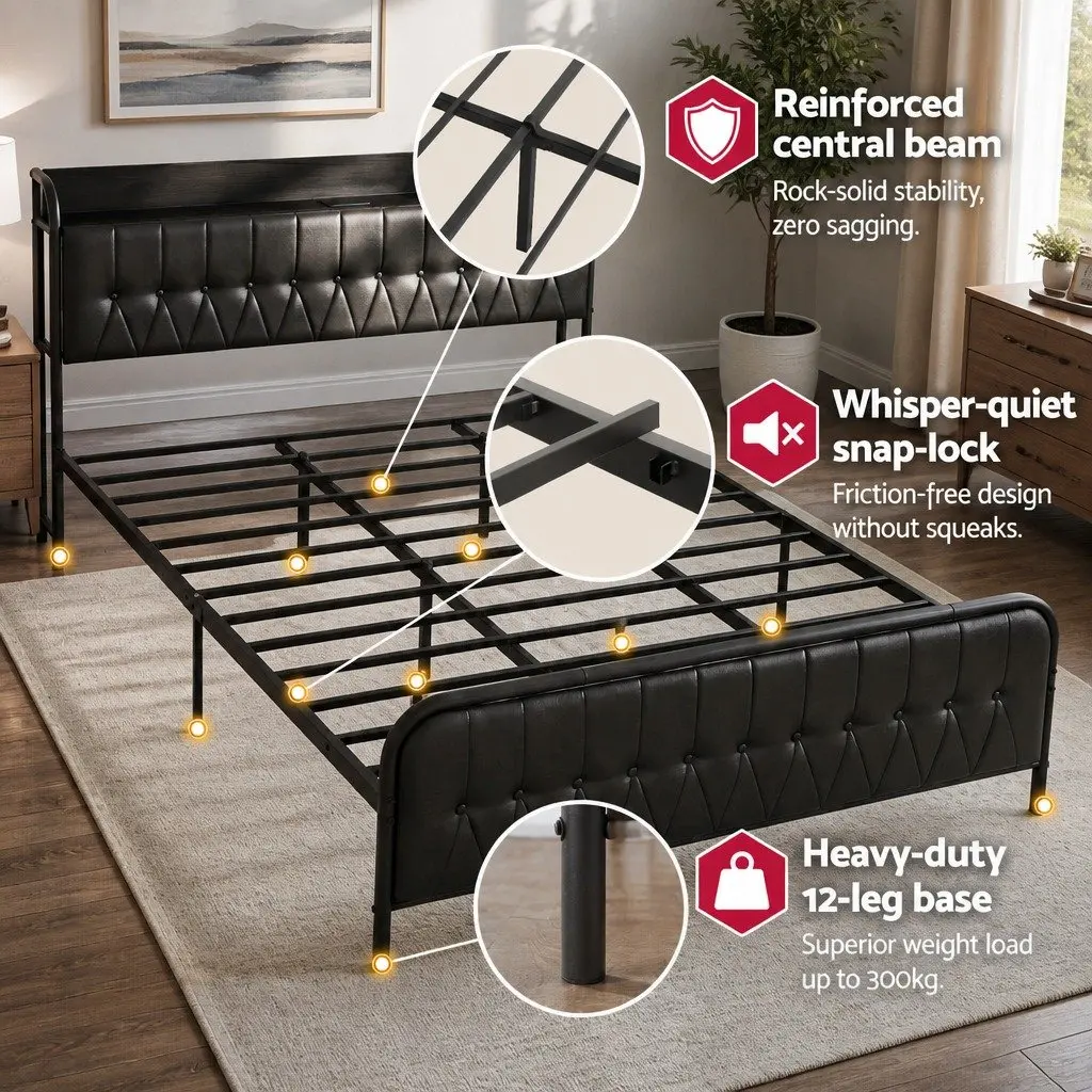 King Bed Frame with Charging Station and Storage