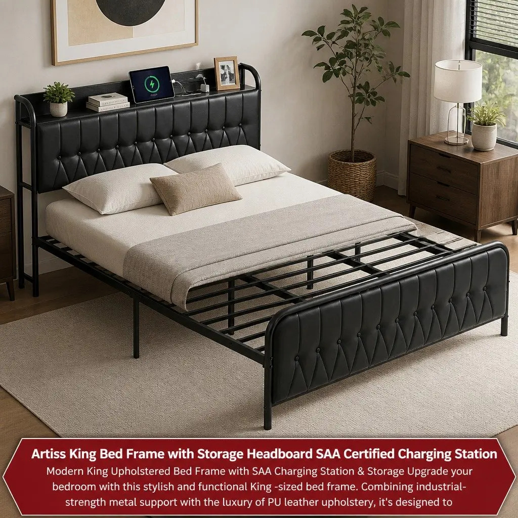 King Bed Frame with Charging Station and Storage