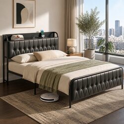 Elegant Queen Bed Frame with Storage Headboard