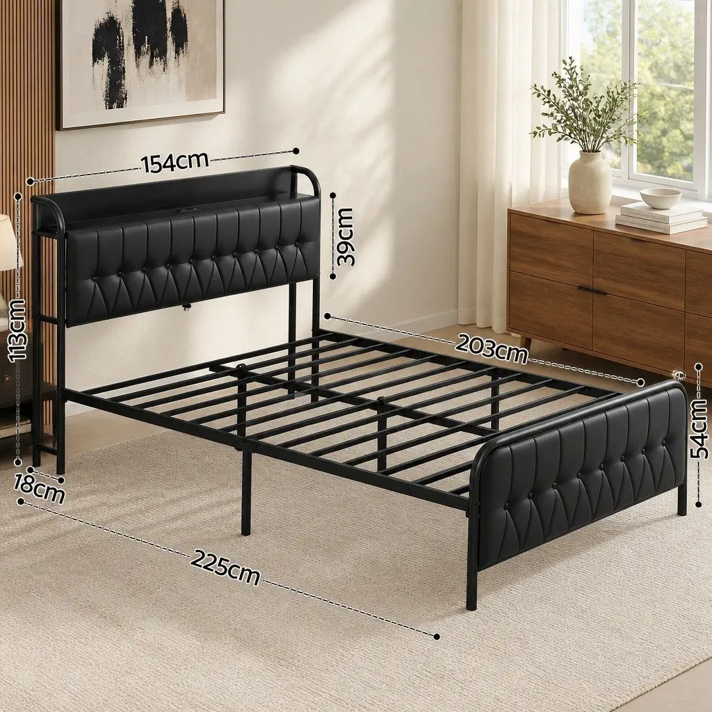 Queen Bed Frame Black Upholstered with Storage Headboard and Charging Station Metal and Plywood 154W x 225L x 113H cm