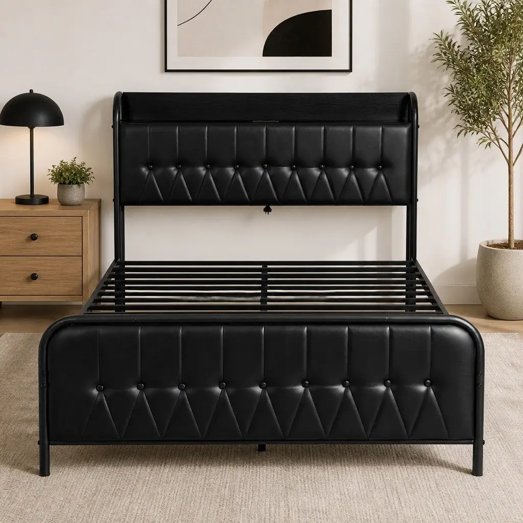 Queen Bed Frame Black Upholstered with Storage Headboard and Charging Station Metal and Plywood 154W x 225L x 113H cm
