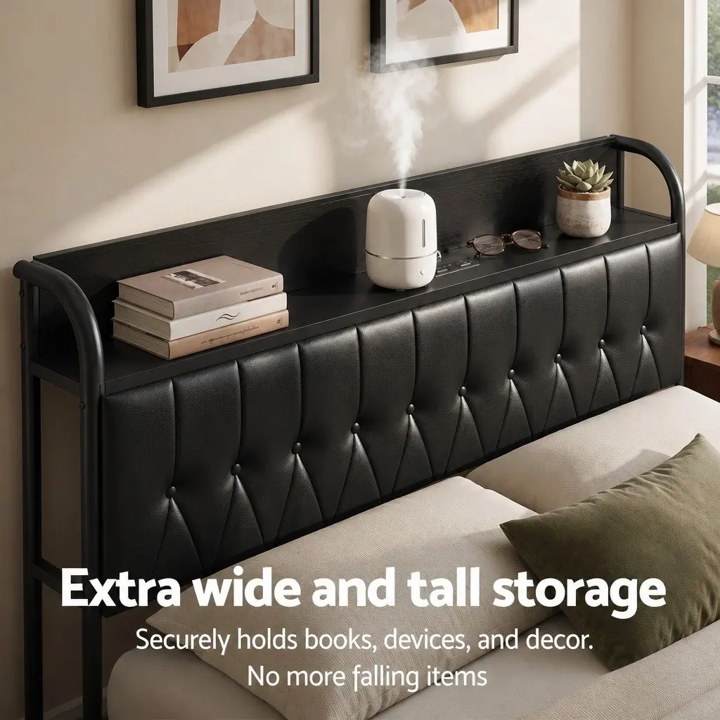 Queen Bed Frame Black Upholstered with Storage Headboard and Charging Station Metal and Plywood 154W x 225L x 113H cm