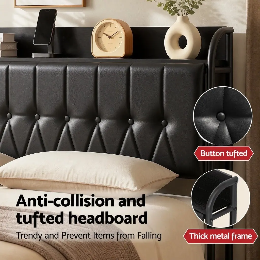 Queen Bed Frame Black Upholstered with Storage Headboard and Charging Station Metal and Plywood 154W x 225L x 113H cm