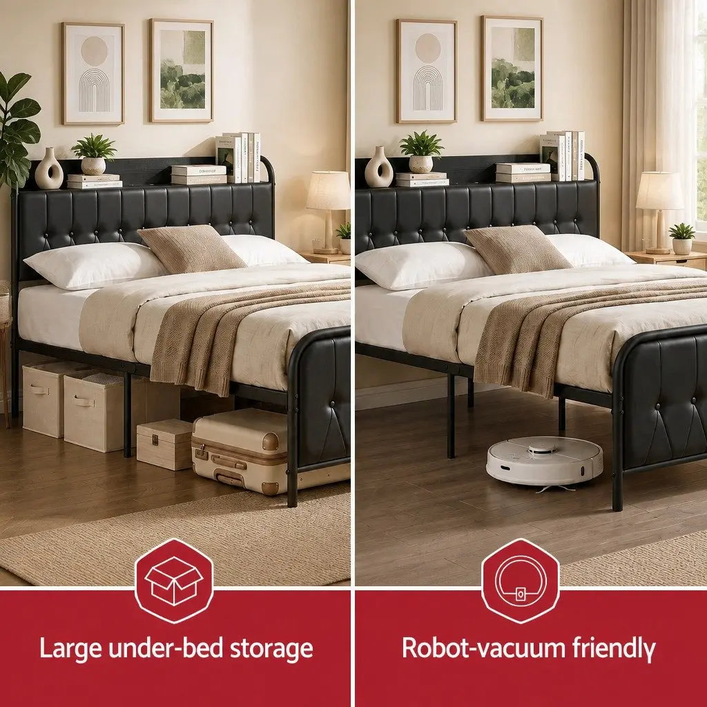 Queen Bed Frame Black Upholstered with Storage Headboard and Charging Station Metal and Plywood 154W x 225L x 113H cm