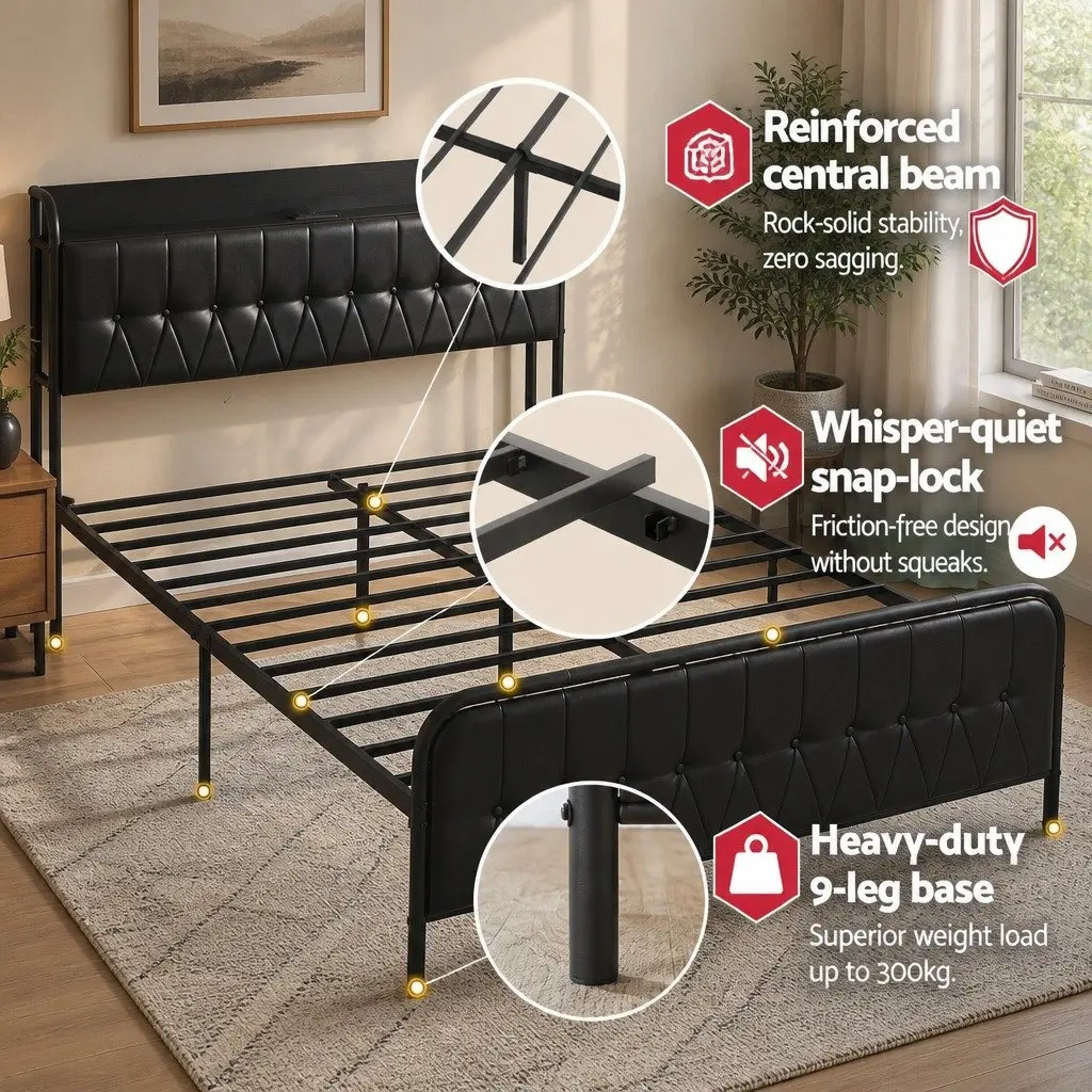 Queen Bed Frame Black Upholstered with Storage Headboard and Charging Station Metal and Plywood 154W x 225L x 113H cm