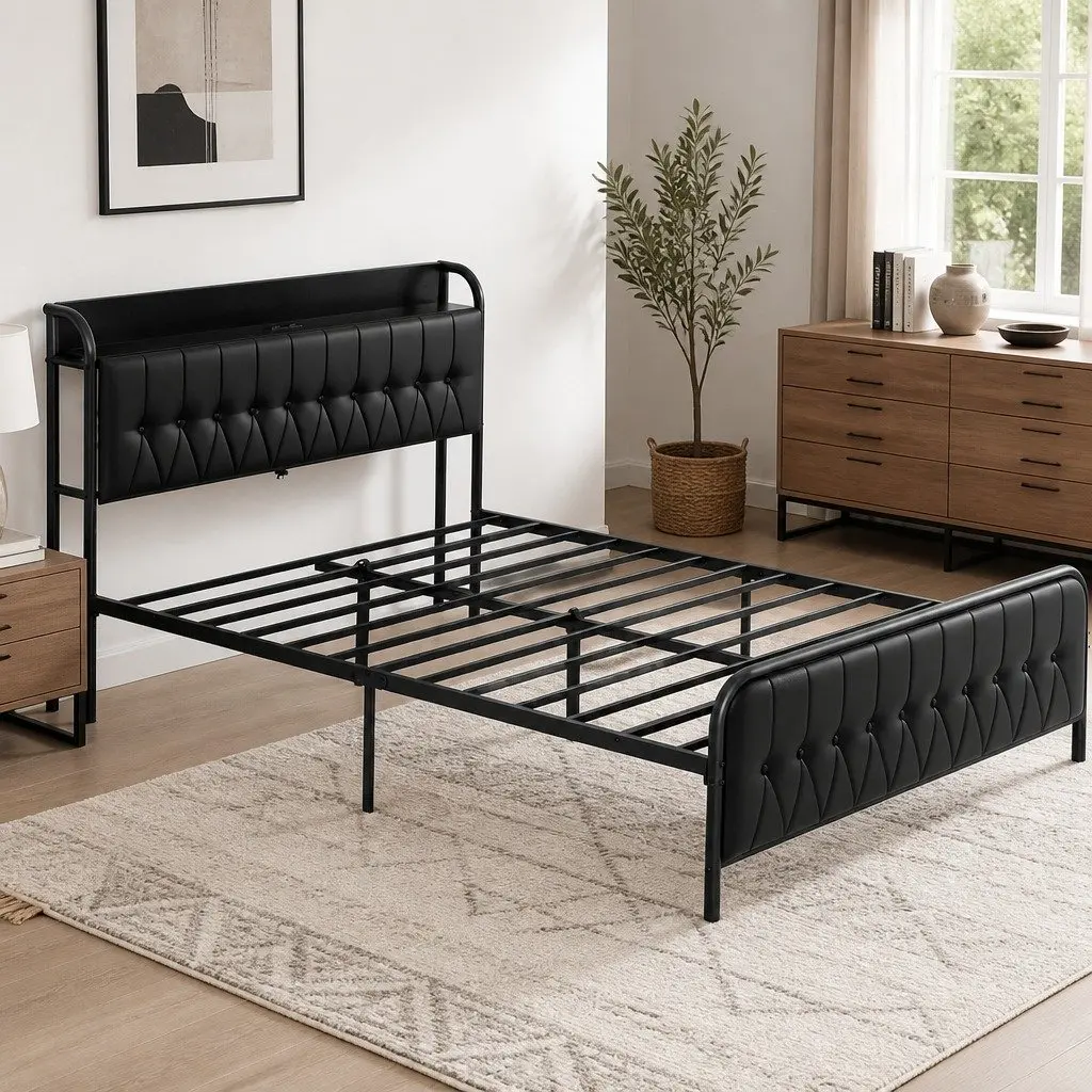 Queen Bed Frame Black Upholstered with Storage Headboard and Charging Station Metal and Plywood 154W x 225L x 113H cm