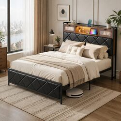 Double Bed Frame with Storage Headboard and USB Ports