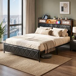Contemporary King Bed Frame with LED Lights and Storage