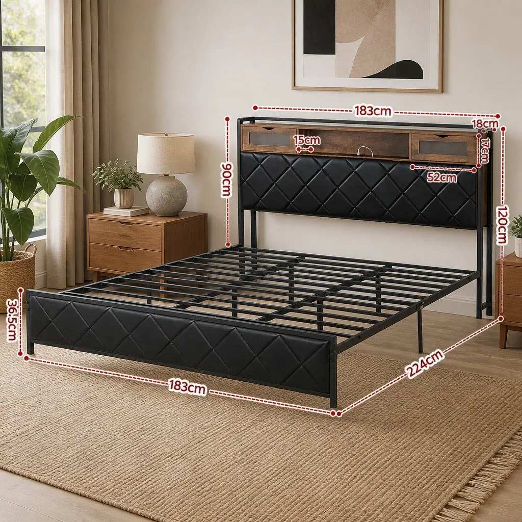 King Bed Frame Black LED Lights Storage Headboard Charging Station Metal Frame