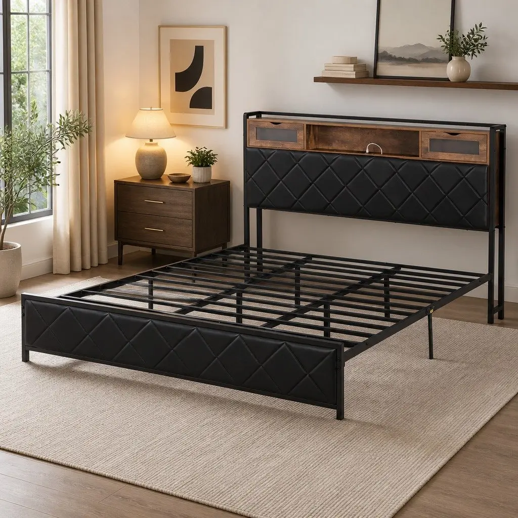 King Bed Frame Black LED Lights Storage Headboard Charging Station Metal Frame