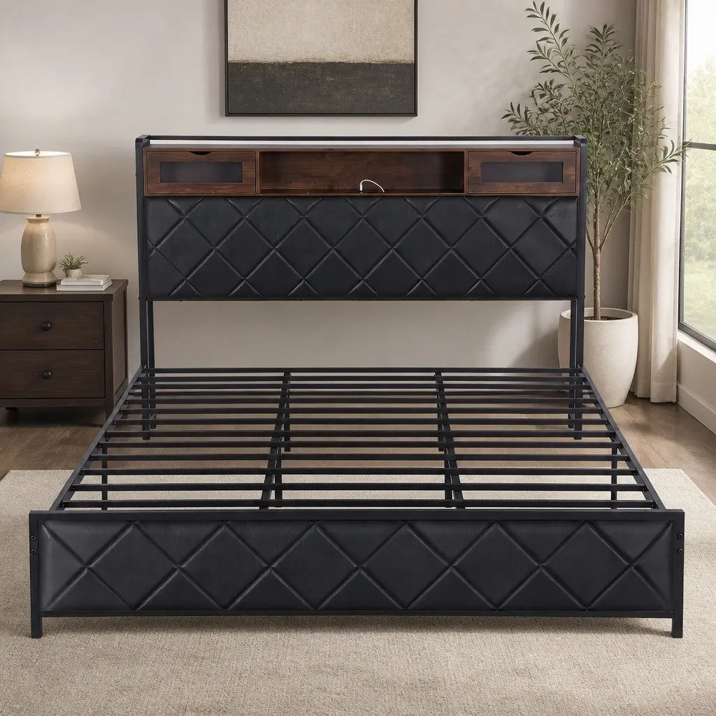 King Bed Frame Black LED Lights Storage Headboard Charging Station Metal Frame