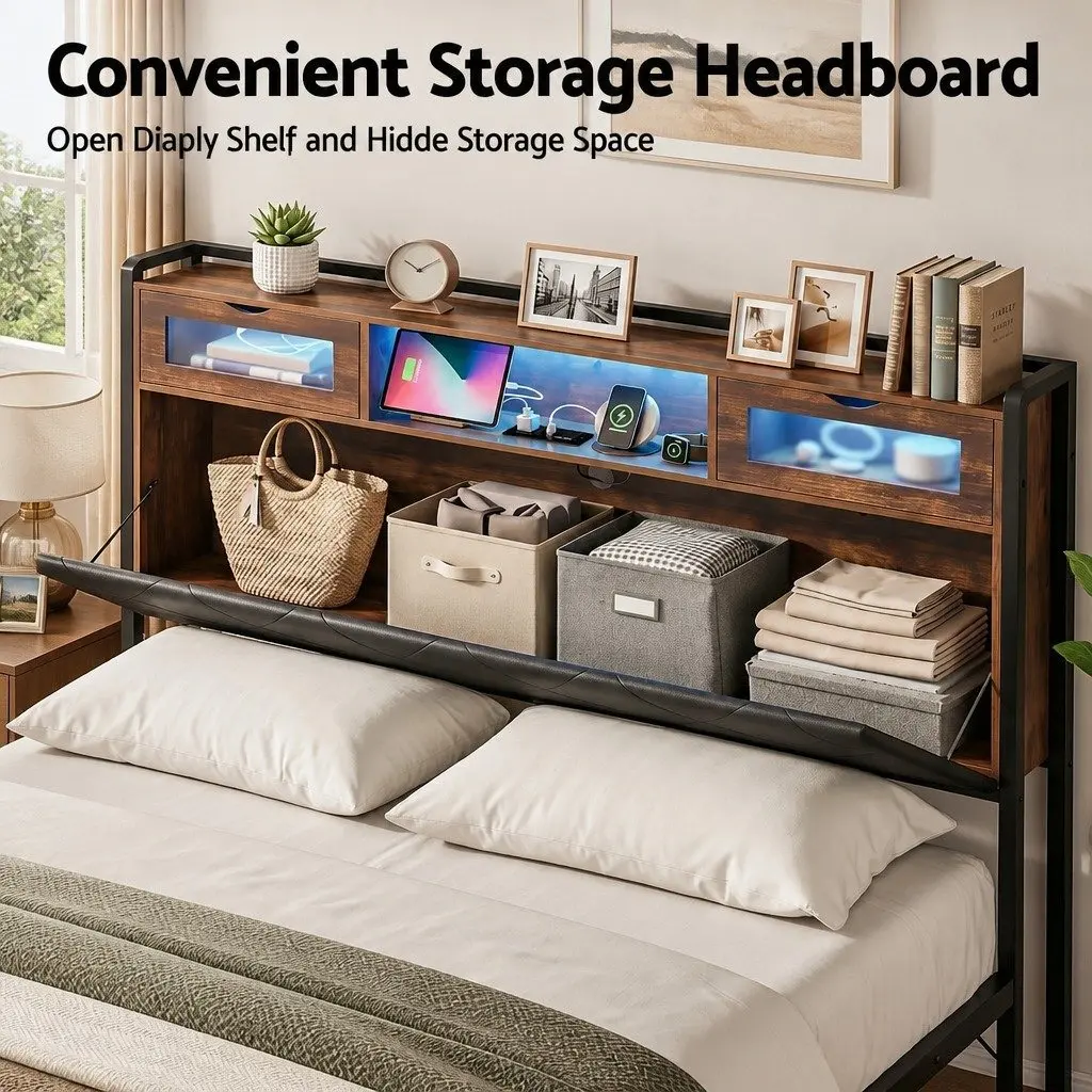 King Bed Frame Black LED Lights Storage Headboard Charging Station Metal Frame