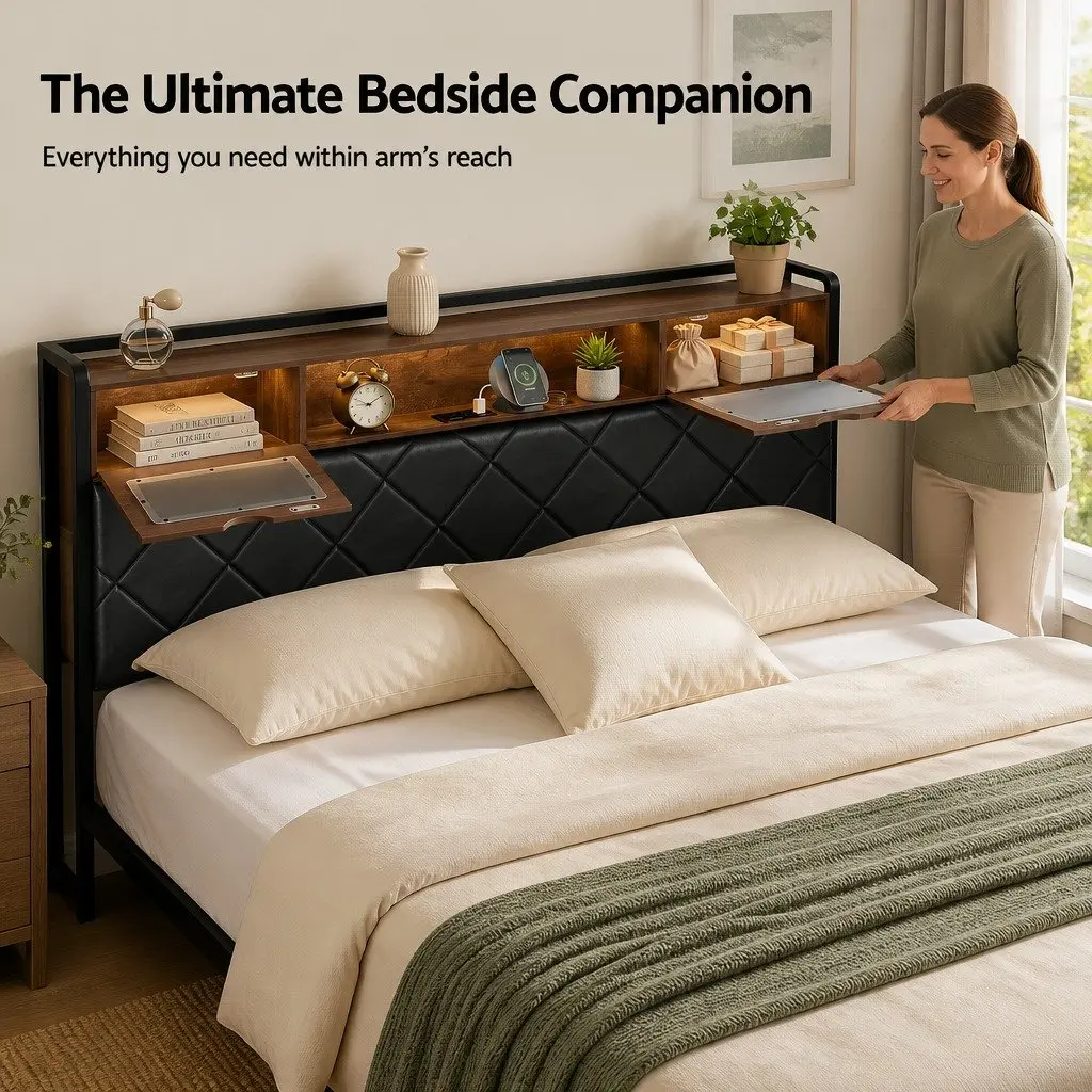 King Bed Frame Black LED Lights Storage Headboard Charging Station Metal Frame