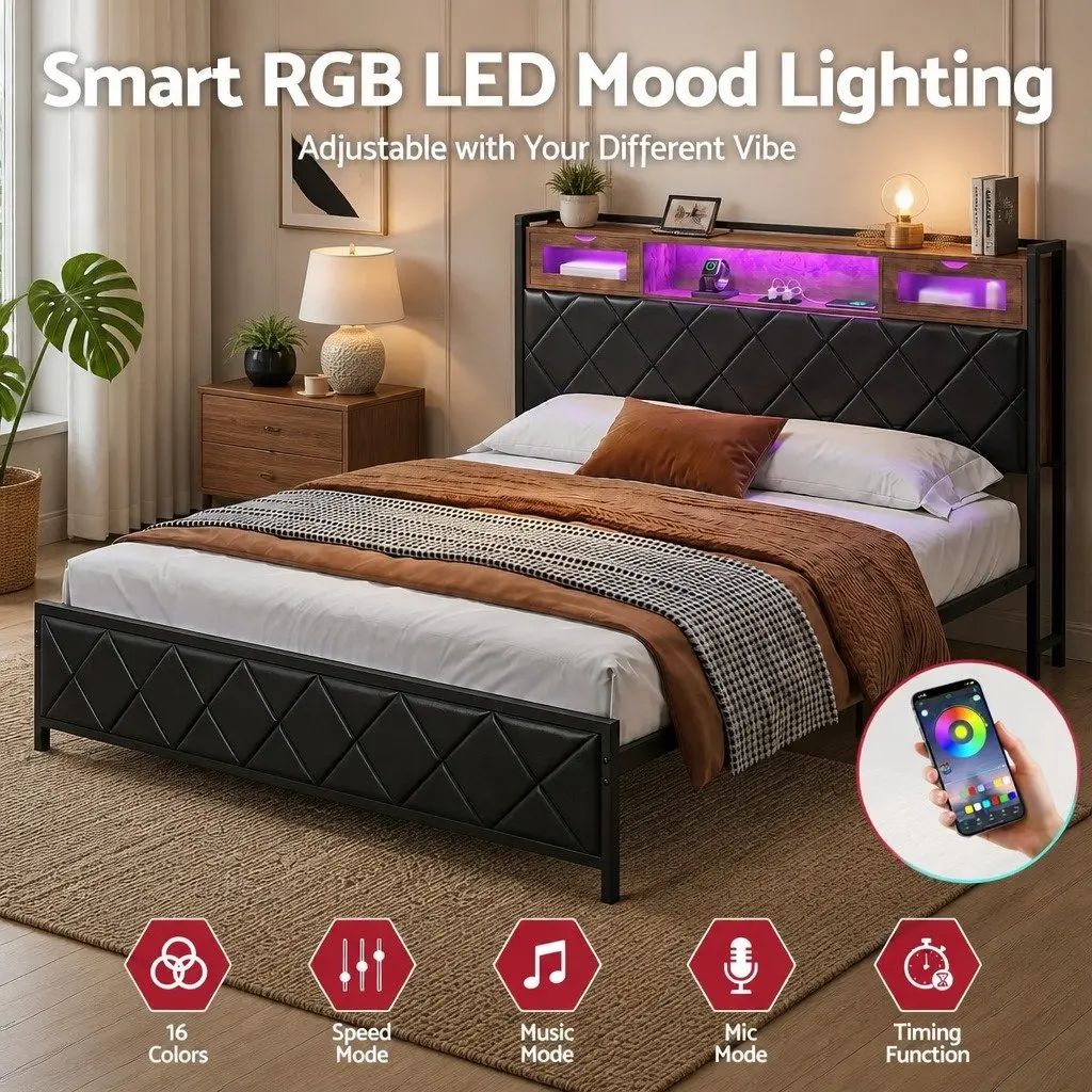 King Bed Frame Black LED Lights Storage Headboard Charging Station Metal Frame