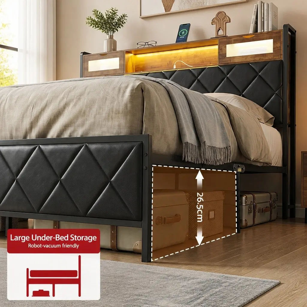 King Bed Frame Black LED Lights Storage Headboard Charging Station Metal Frame