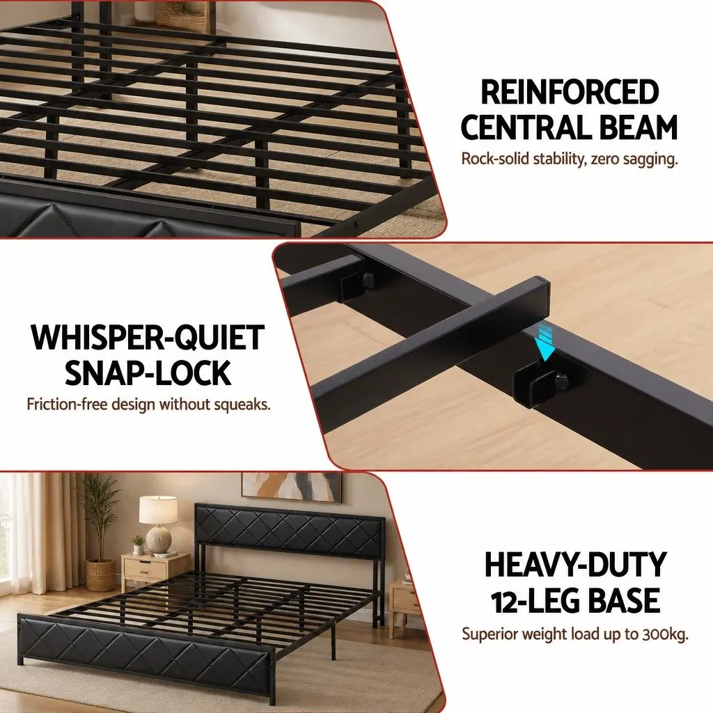 King Bed Frame Black LED Lights Storage Headboard Charging Station Metal Frame