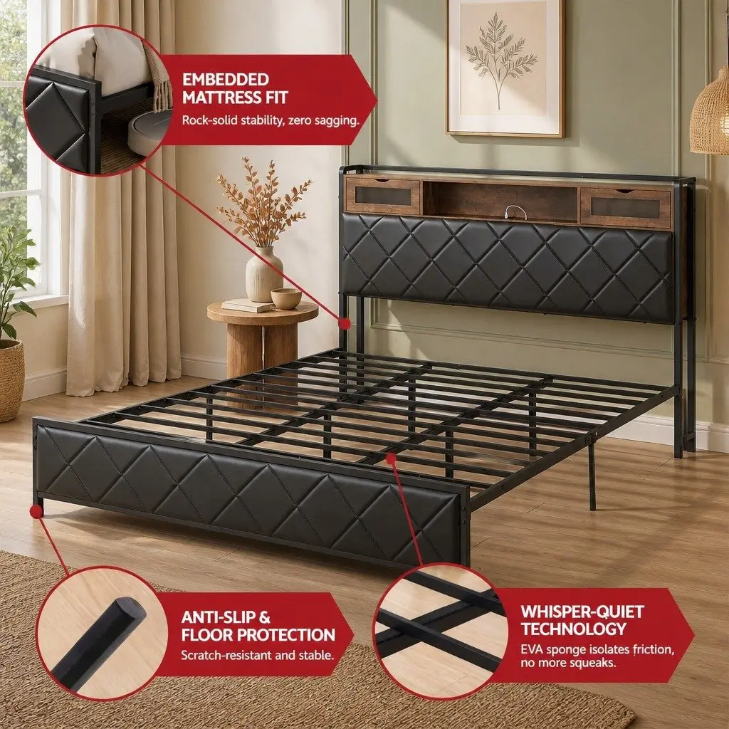 King Bed Frame Black LED Lights Storage Headboard Charging Station Metal Frame
