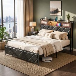 Stylish Queen Bed Frame with LED Lights and Storage