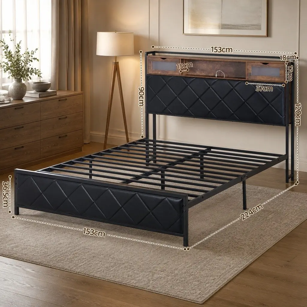 Queen Bed Frame Black LED Lights Storage Headboard USB Charging Station Metal