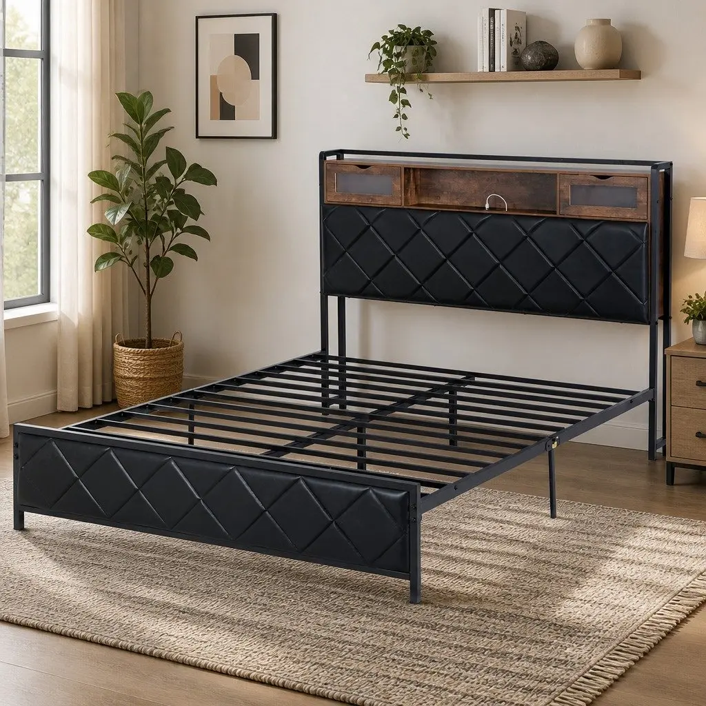 Queen Bed Frame Black LED Lights Storage Headboard USB Charging Station Metal