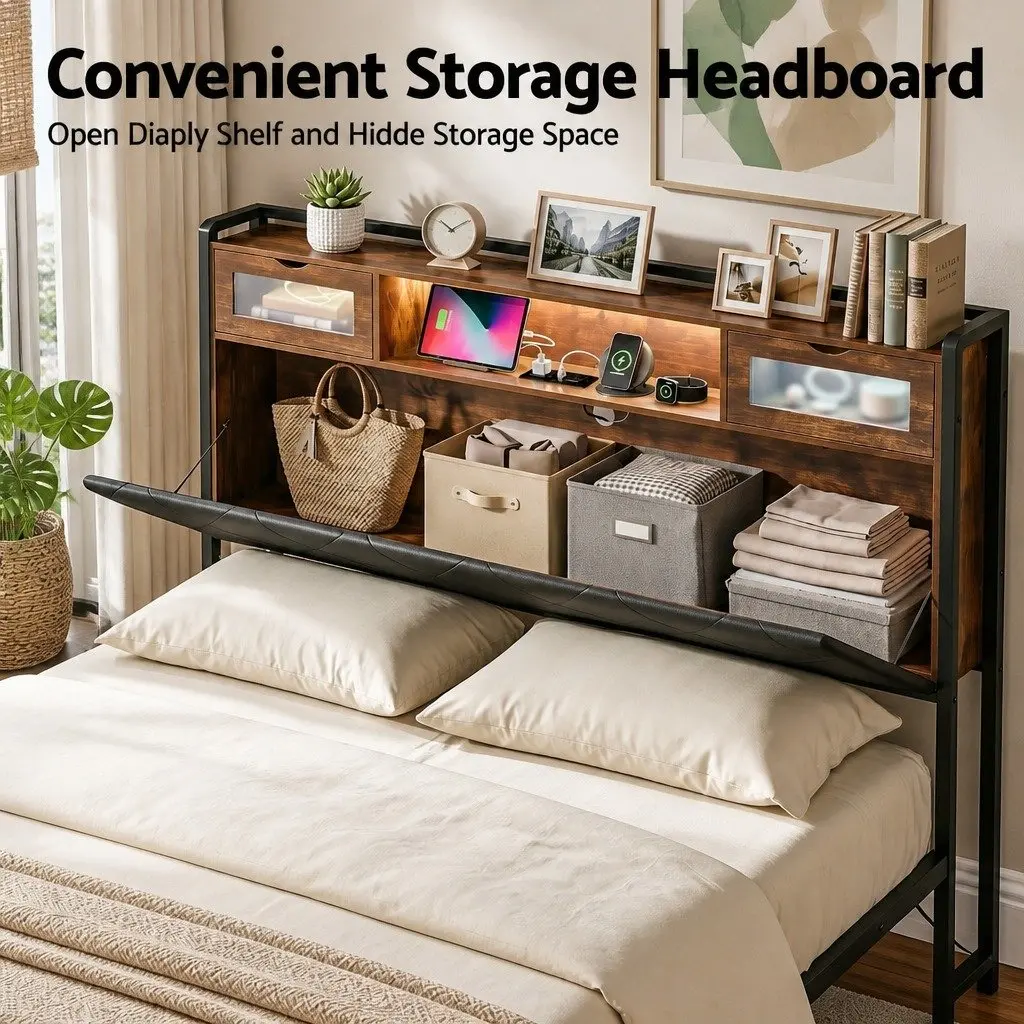 Queen Bed Frame Black LED Lights Storage Headboard USB Charging Station Metal