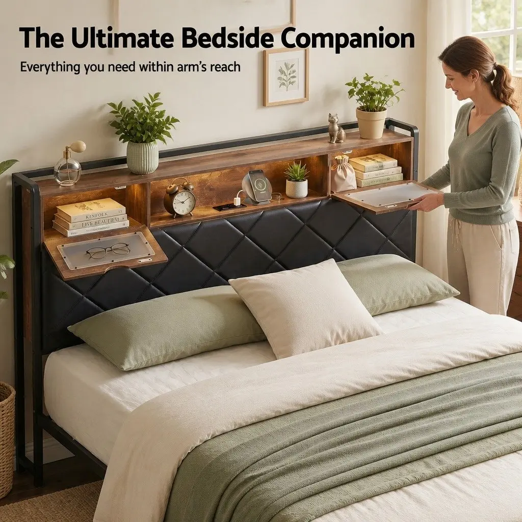 Queen Bed Frame Black LED Lights Storage Headboard USB Charging Station Metal