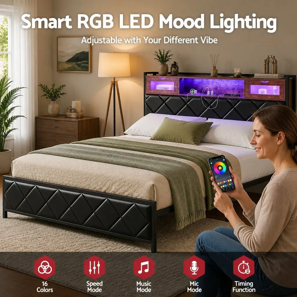 Queen Bed Frame Black LED Lights Storage Headboard USB Charging Station Metal