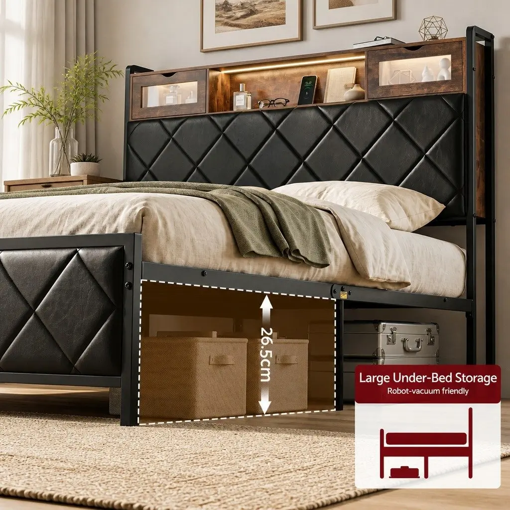 Queen Bed Frame Black LED Lights Storage Headboard USB Charging Station Metal