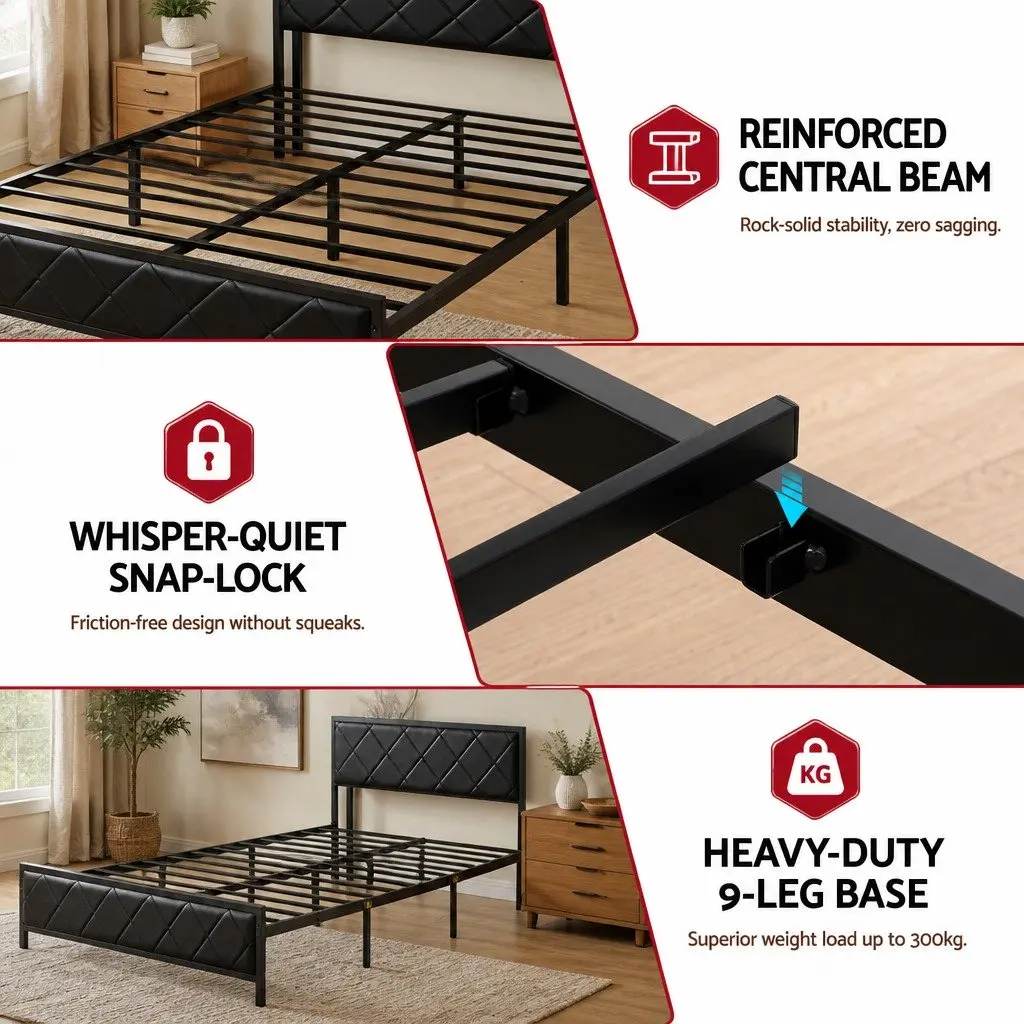 Queen Bed Frame Black LED Lights Storage Headboard USB Charging Station Metal