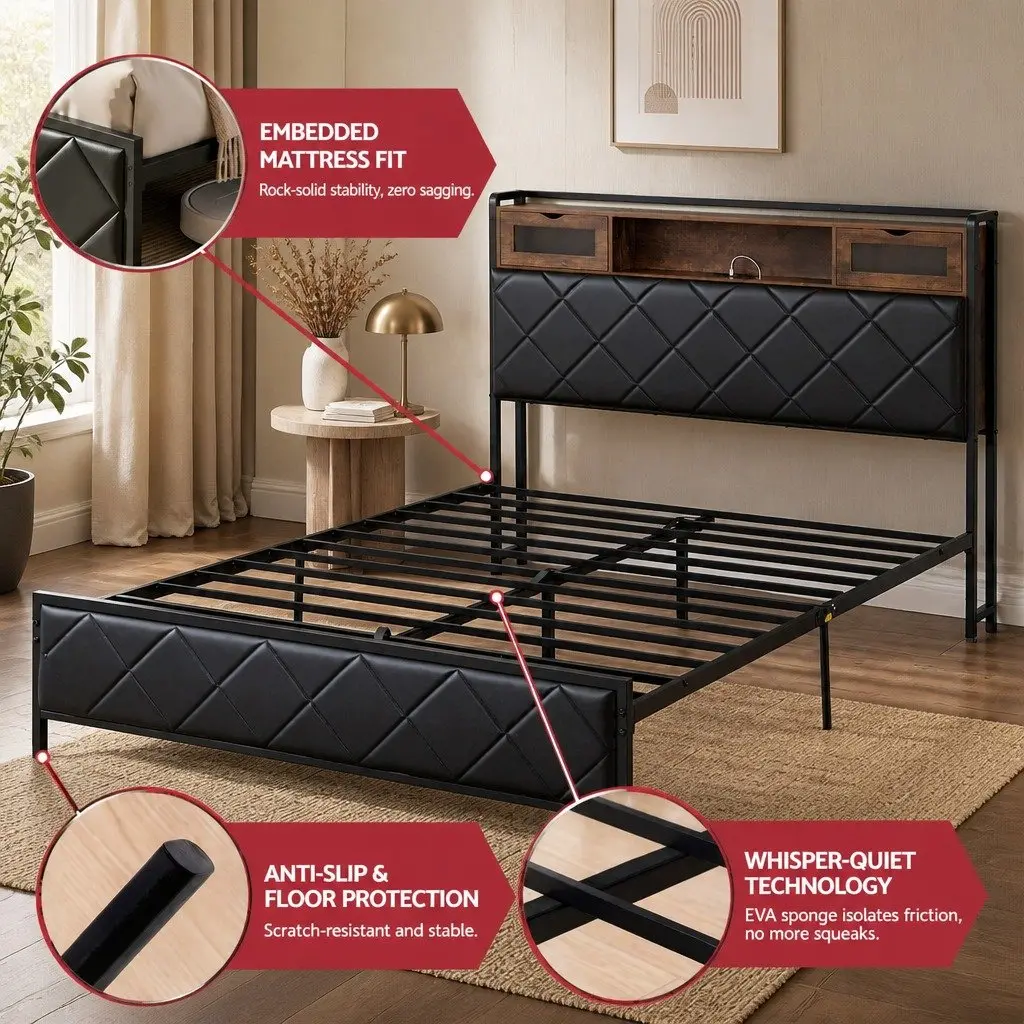 Queen Bed Frame Black LED Lights Storage Headboard USB Charging Station Metal