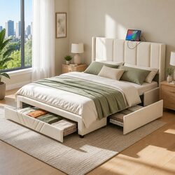 Beige Upholstered Double Bed Frame with Storage and Charging