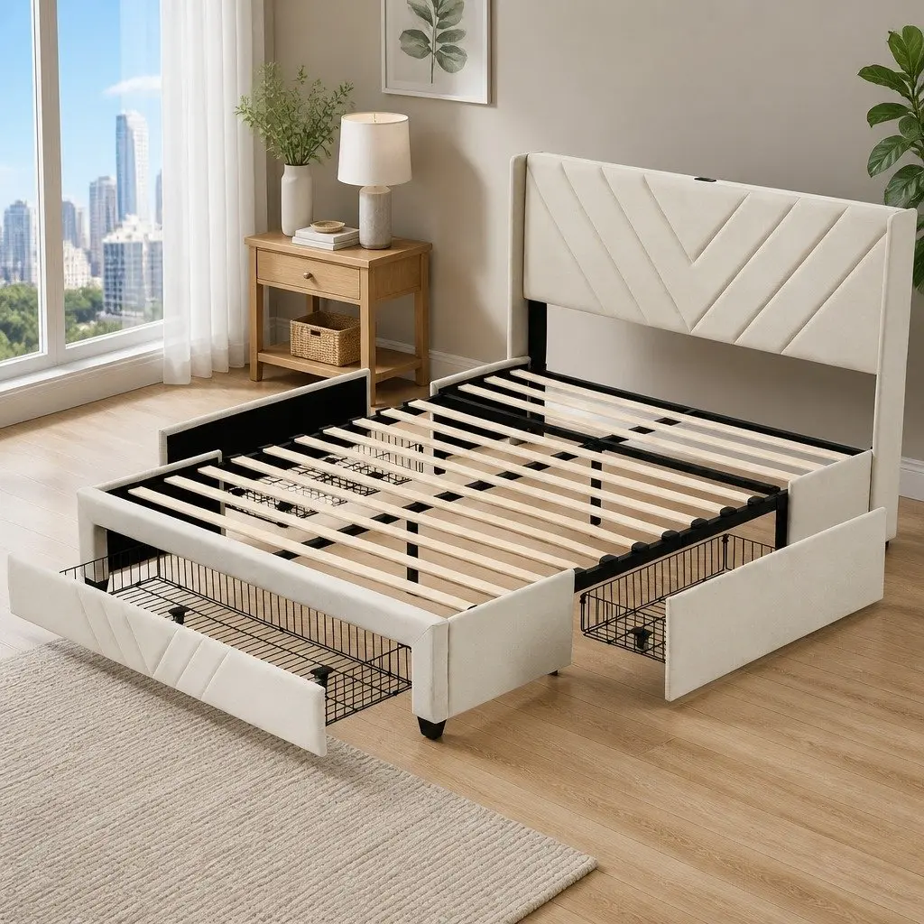 Double Bed Frame Upholstered Beige with Charging Station and Storage Drawers