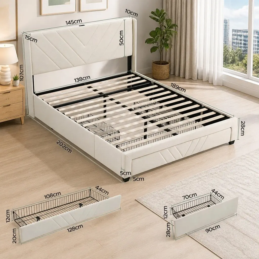 Double Bed Frame Upholstered Beige with Charging Station and Storage Drawers