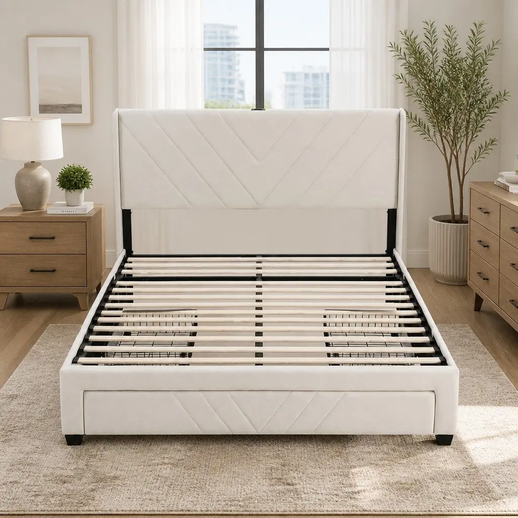 Double Bed Frame Upholstered Beige with Charging Station and Storage Drawers
