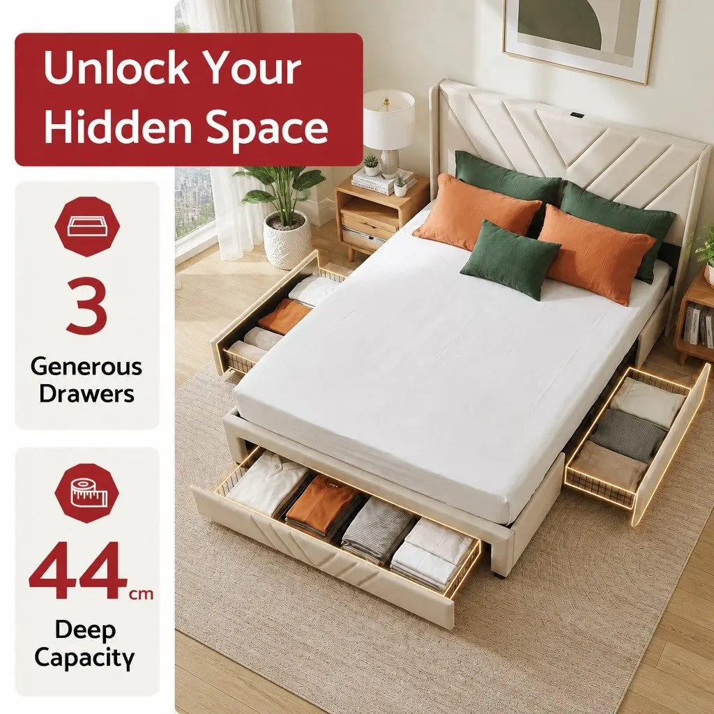 Double Bed Frame Upholstered Beige with Charging Station and Storage Drawers