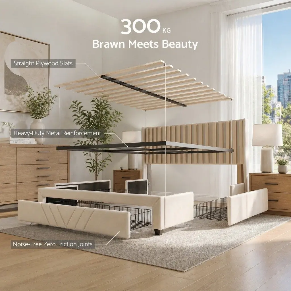 Double Bed Frame Upholstered Beige with Charging Station and Storage Drawers