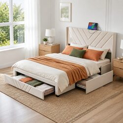 Beige King Bed Frame with Charging Station and Drawers