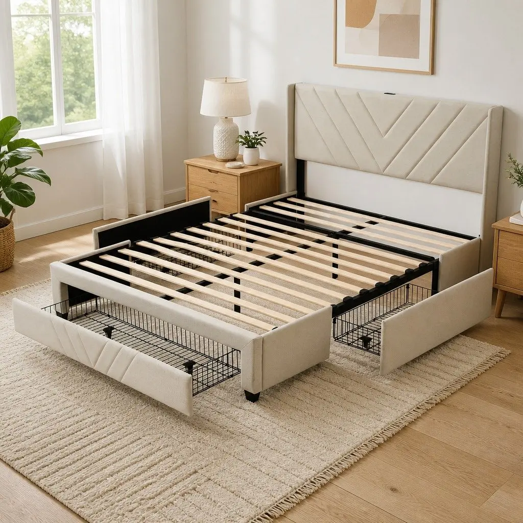 King Bed Frame Beige Upholstered 191x215x107cm Plywood with Charging Station and Storage Drawers