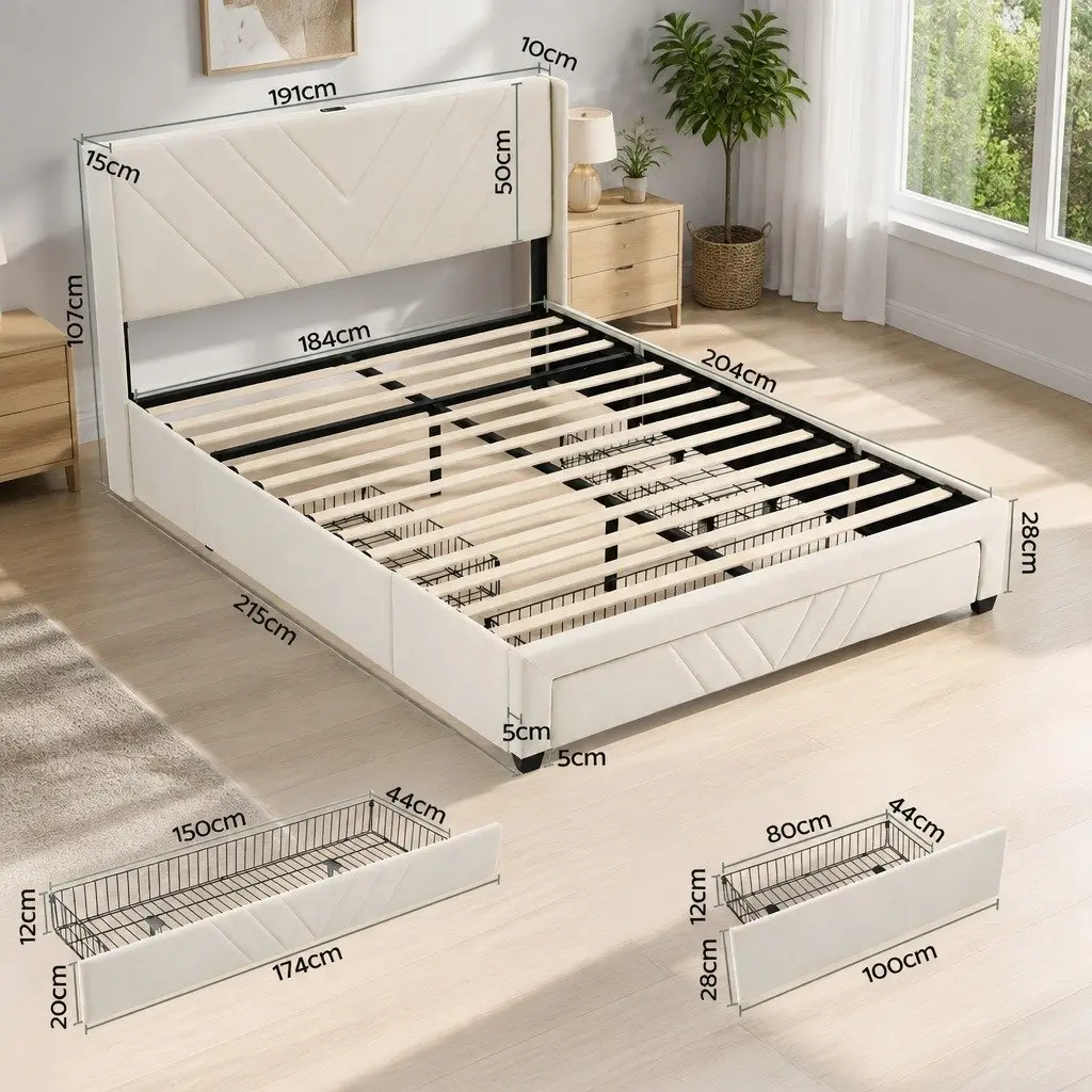 King Bed Frame Beige Upholstered 191x215x107cm Plywood with Charging Station and Storage Drawers