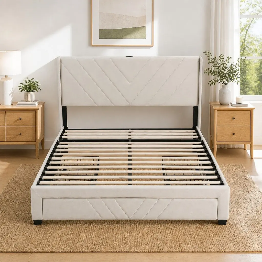 King Bed Frame Beige Upholstered 191x215x107cm Plywood with Charging Station and Storage Drawers