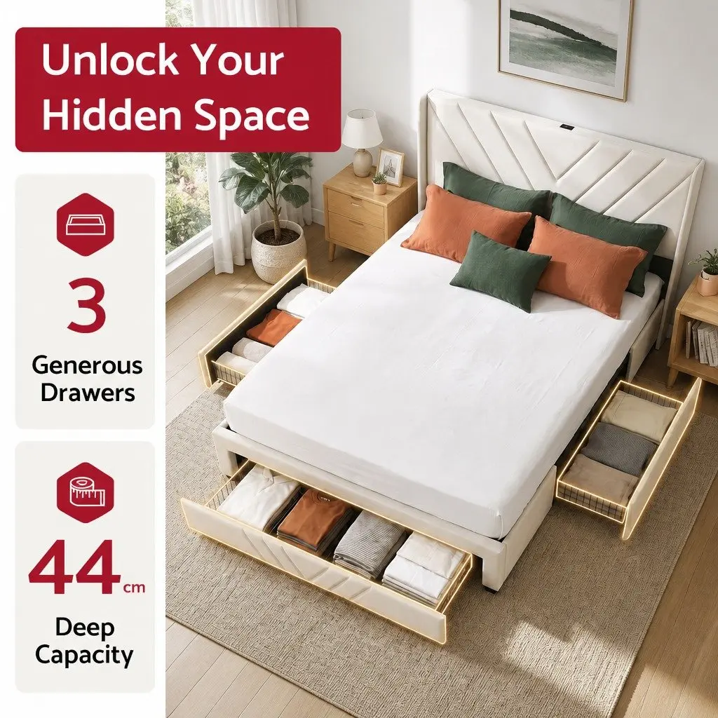 King Bed Frame Beige Upholstered 191x215x107cm Plywood with Charging Station and Storage Drawers