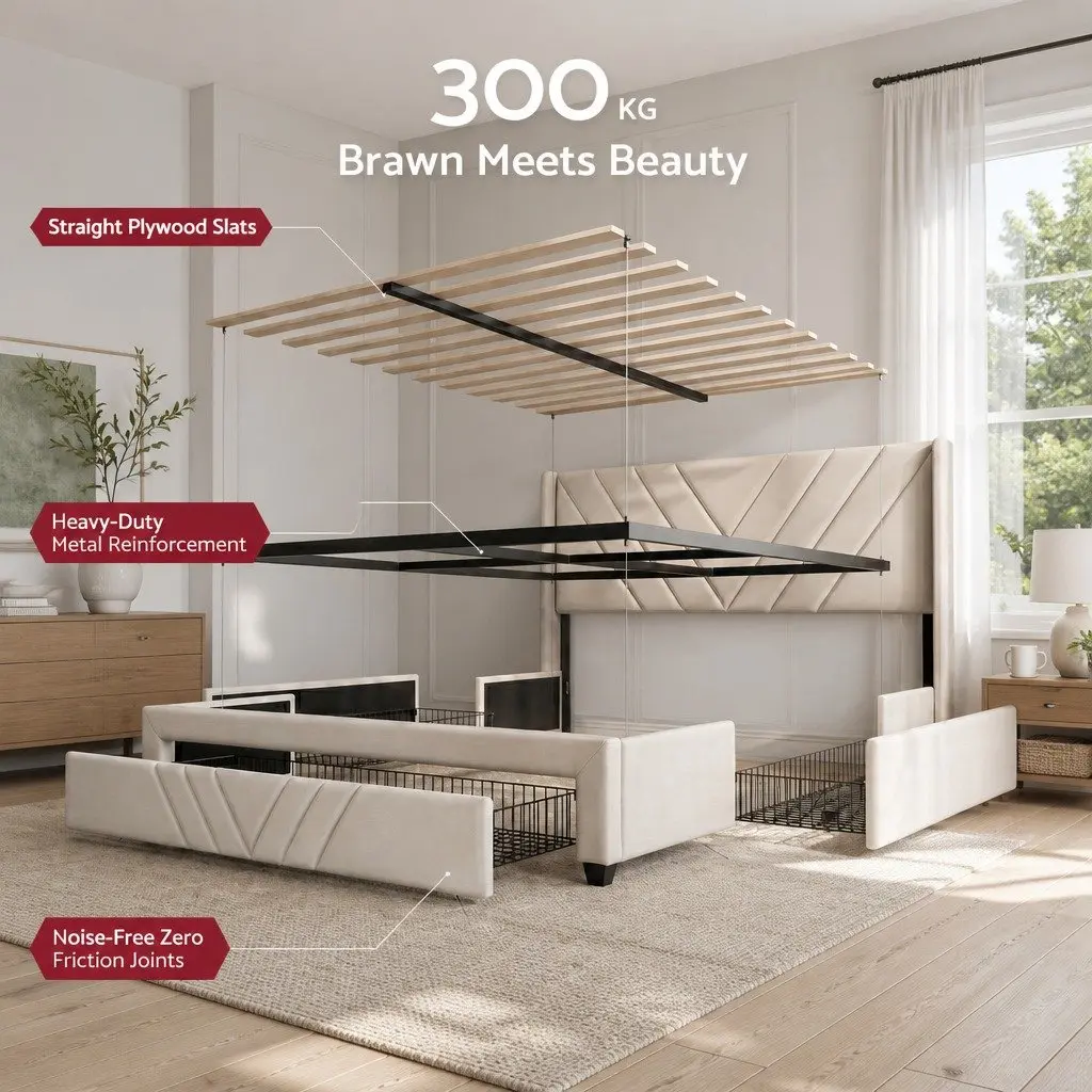 King Bed Frame Beige Upholstered 191x215x107cm Plywood with Charging Station and Storage Drawers