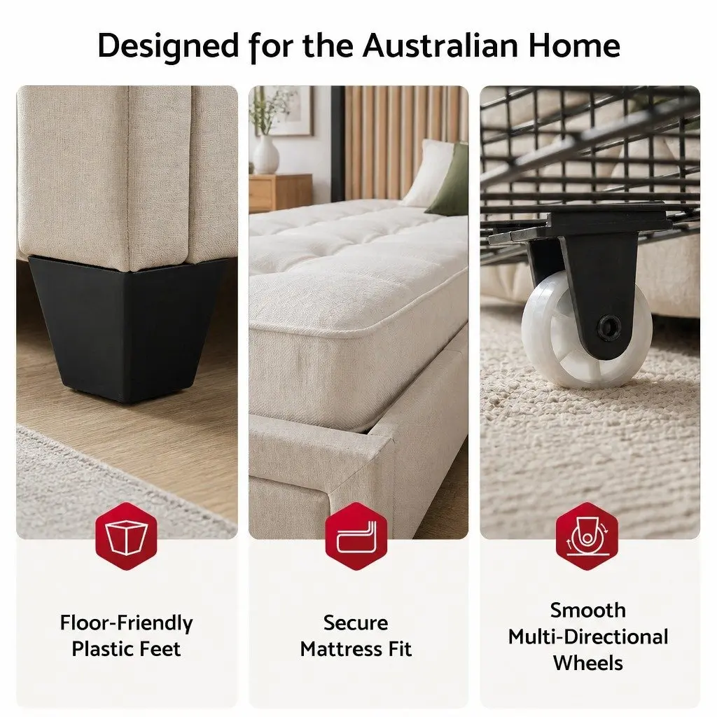 King Bed Frame Beige Upholstered 191x215x107cm Plywood with Charging Station and Storage Drawers