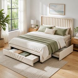 Upholstered Queen Bed Frame with Storage Drawers