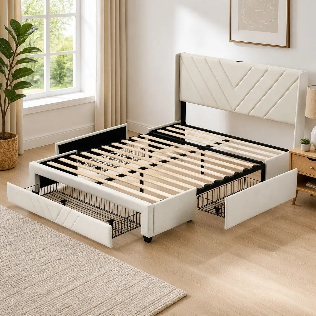Queen Bed Frame Upholstered Beige 161W x 215L x 107H cm Faux Linen Fabric with Charging Station and Storage Drawers