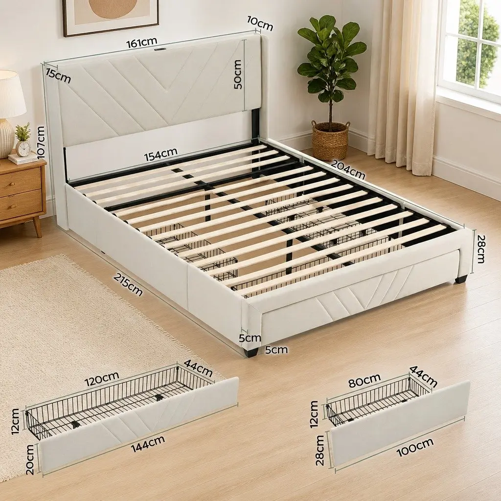 Queen Bed Frame Upholstered Beige 161W x 215L x 107H cm Faux Linen Fabric with Charging Station and Storage Drawers