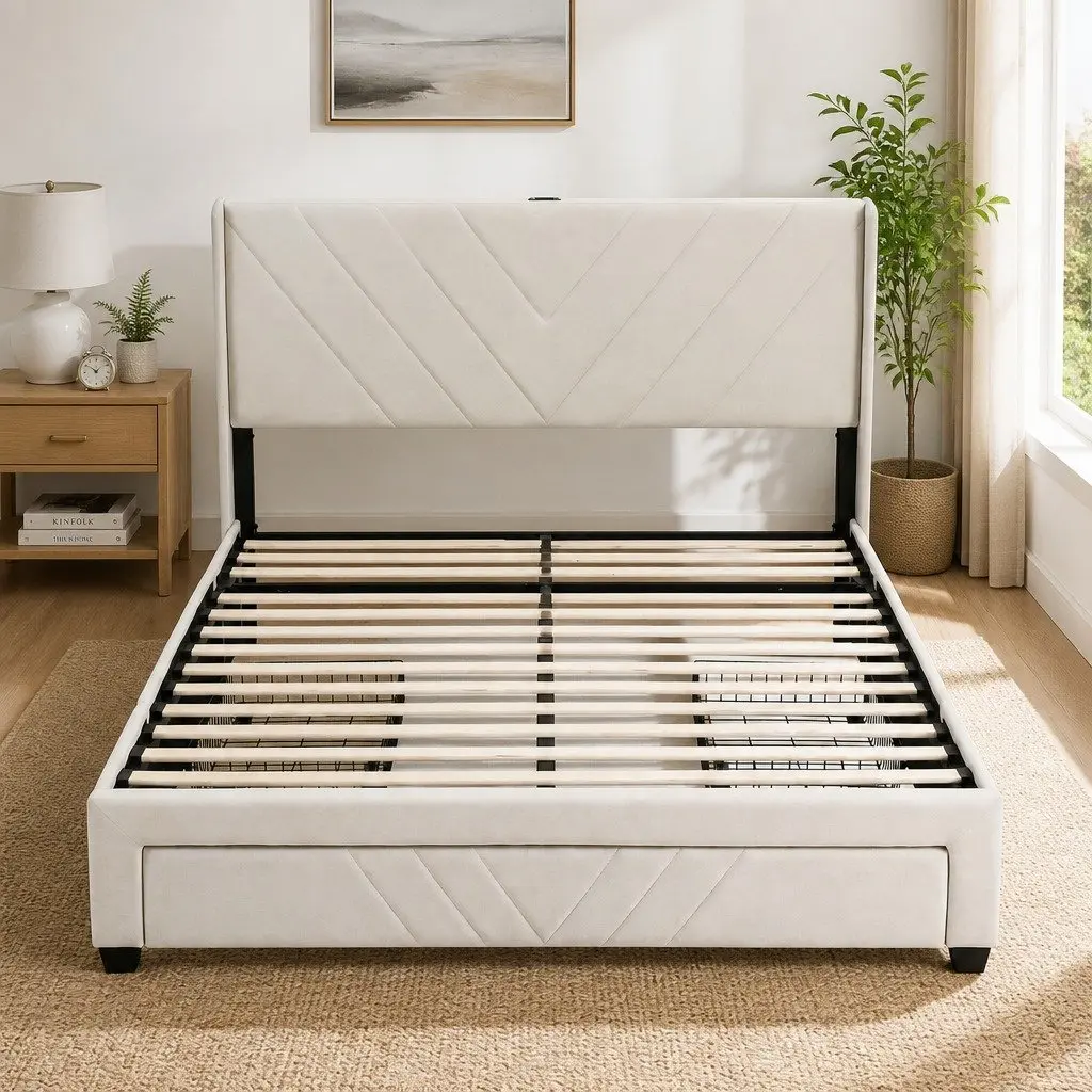 Queen Bed Frame Upholstered Beige 161W x 215L x 107H cm Faux Linen Fabric with Charging Station and Storage Drawers