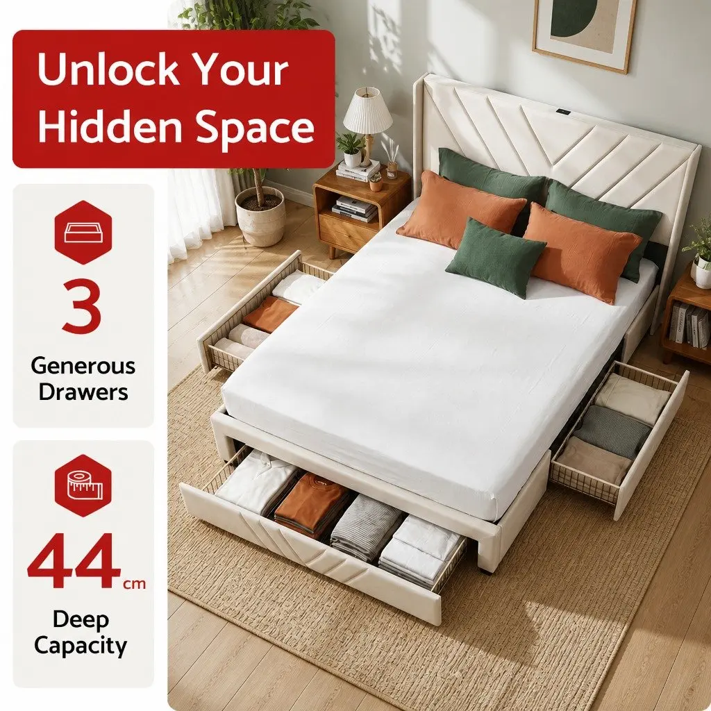 Queen Bed Frame Upholstered Beige 161W x 215L x 107H cm Faux Linen Fabric with Charging Station and Storage Drawers