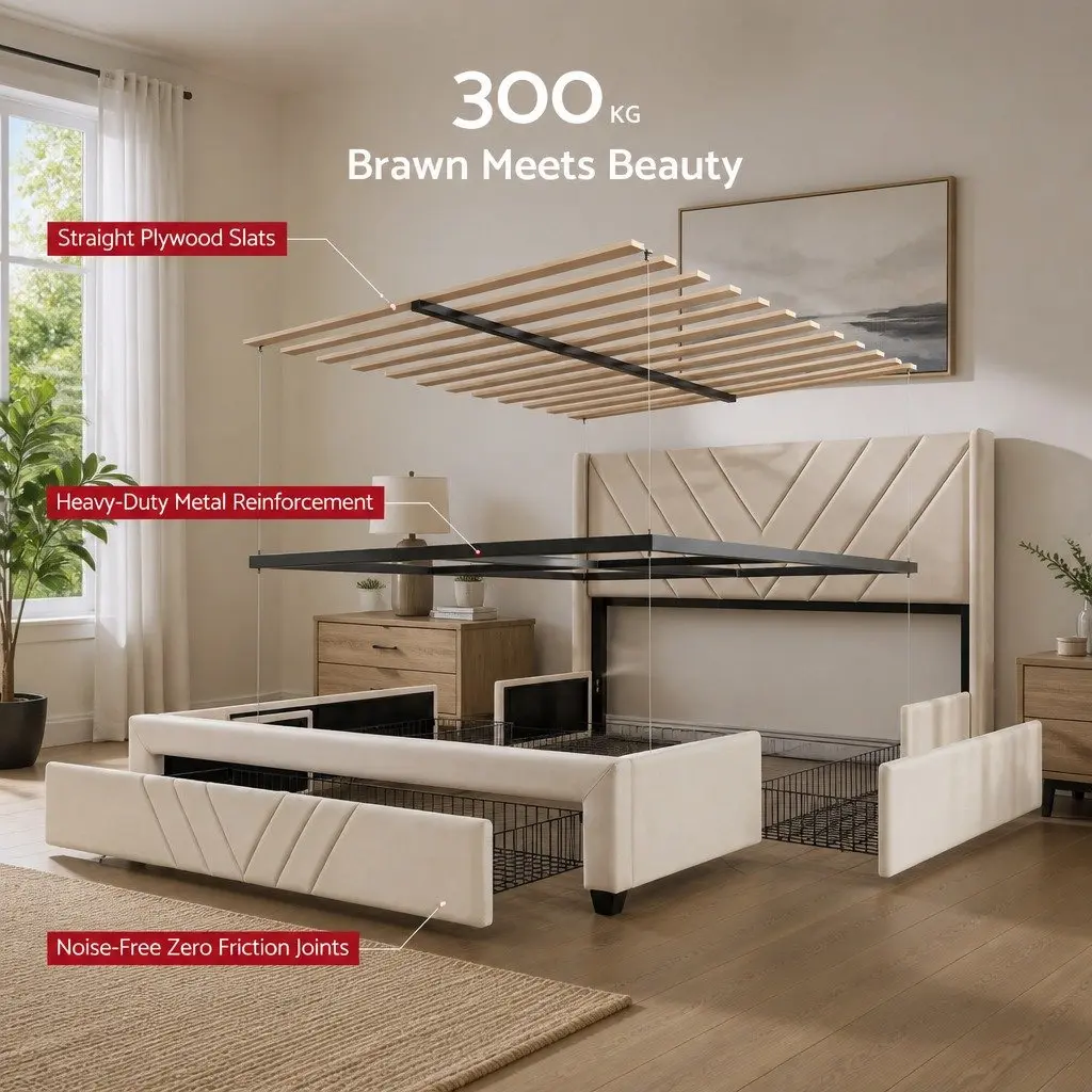 Queen Bed Frame Upholstered Beige 161W x 215L x 107H cm Faux Linen Fabric with Charging Station and Storage Drawers